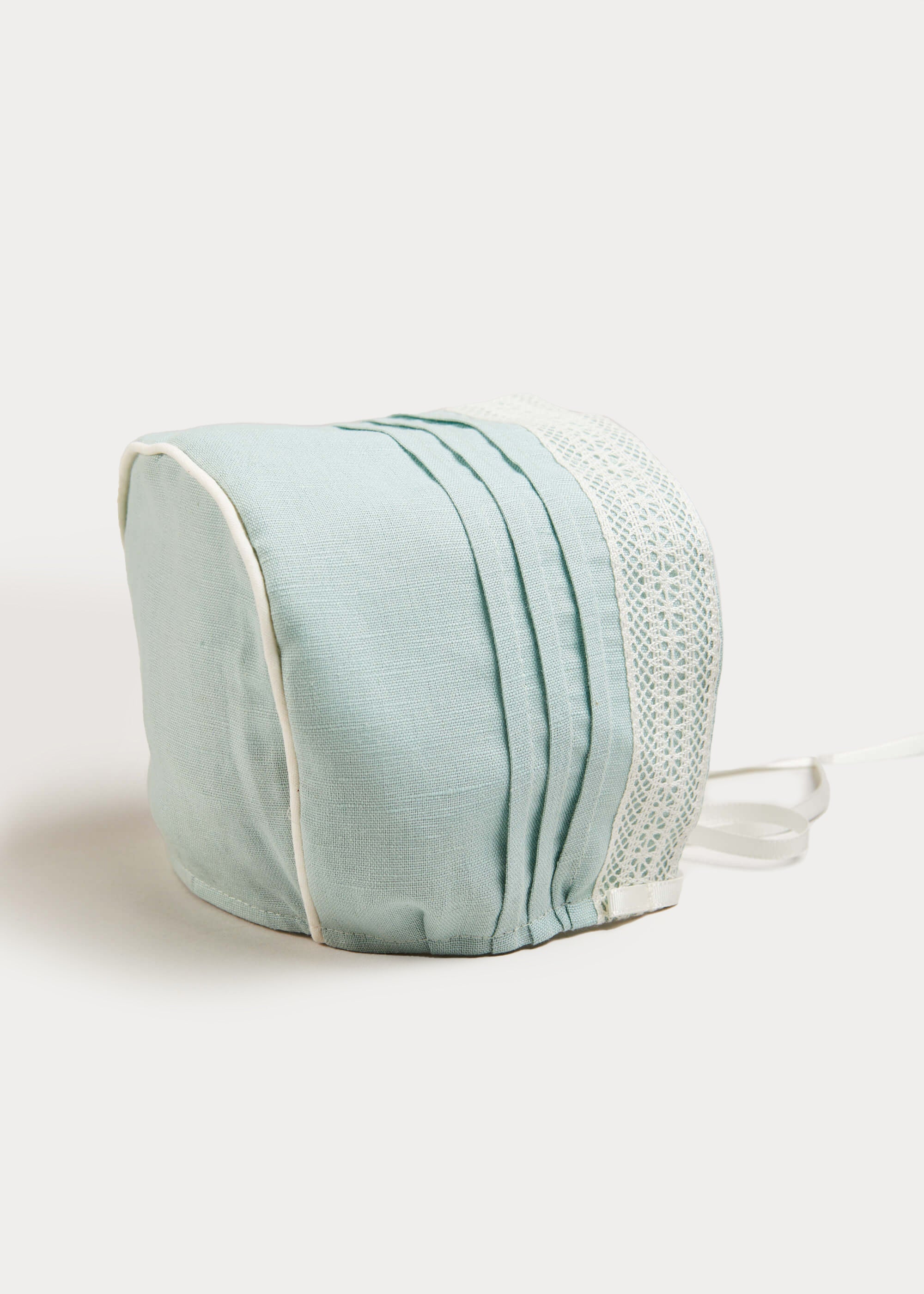 Lace Trim Linen Bonnet in Teal (3mths-2yrs) Accessories  from Pepa London US