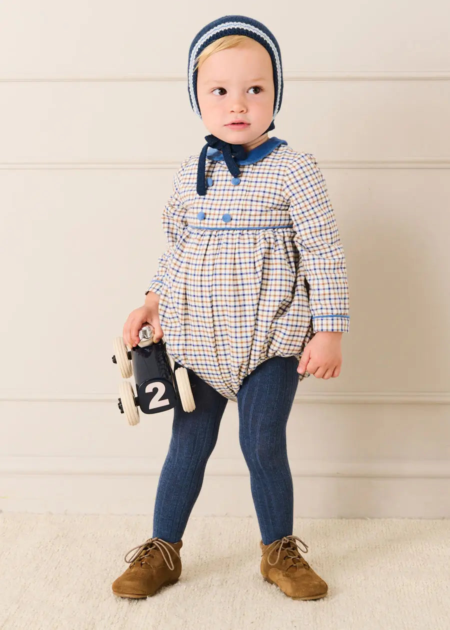 Thirleby Check Velvet Peter Pan Collar Long Sleeve Romper in Blue (6mths-3yrs) Rompers from Pepa London US