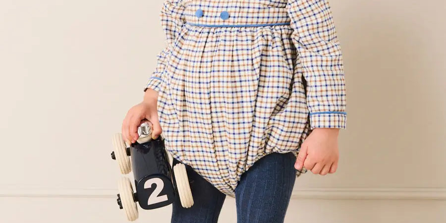 Thirleby Check Velvet Peter Pan Collar Long Sleeve Romper in Blue (6mths-3yrs) Rompers from Pepa London US