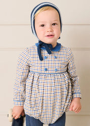 Thirleby Check Velvet Peter Pan Collar Long Sleeve Romper in Blue (6mths-3yrs) Rompers from Pepa London US