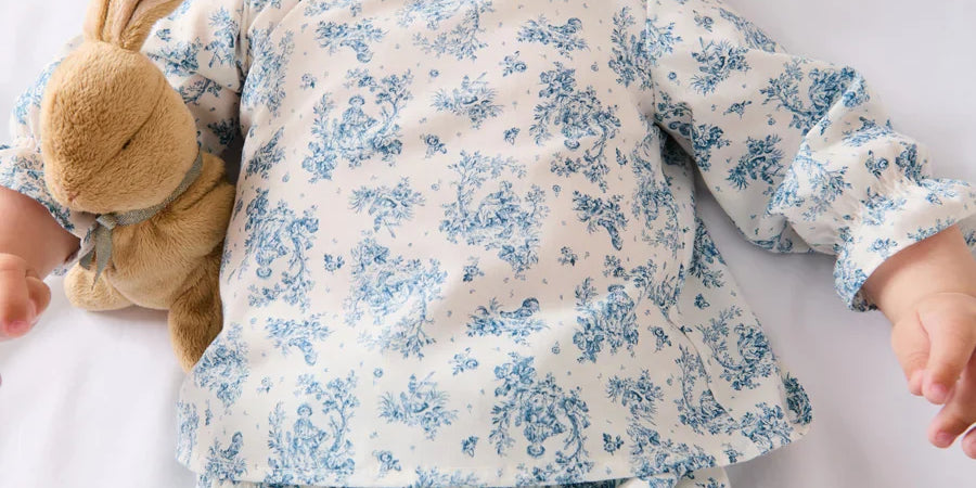 Audrey Toile Peter Pan Collar Long Sleeve Blouse in Blue (1mth-12mths) Blouses from Pepa London US