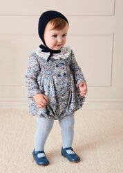 Beatrice Floral Hand Smocked Double Breasted Romper in Blue (6mths-3yrs) Rompers from Pepa London US