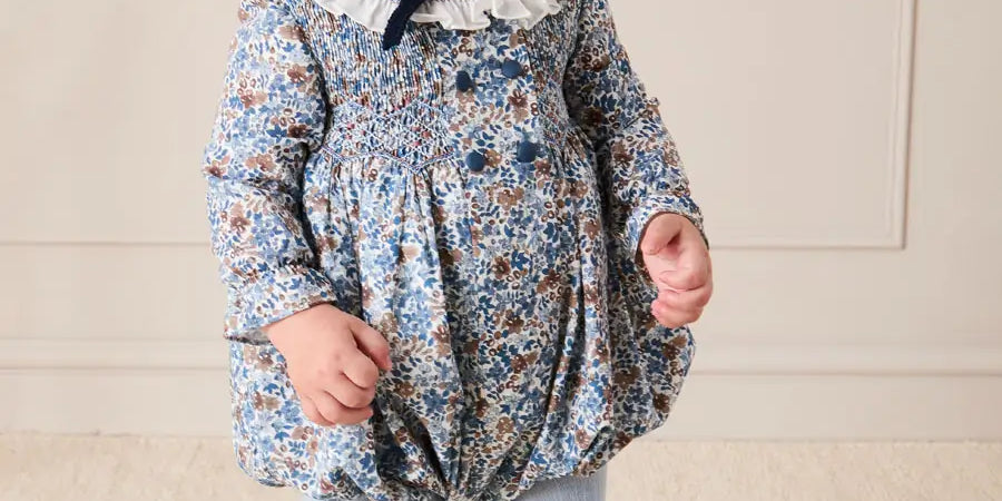 Beatrice Floral Hand Smocked Double Breasted Romper in Blue (6mths-3yrs) Rompers from Pepa London US