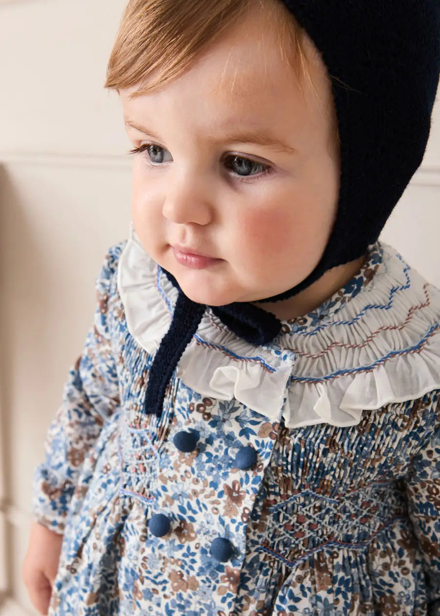 Beatrice Floral Hand Smocked Double Breasted Romper in Blue (6mths-3yrs) Rompers from Pepa London US