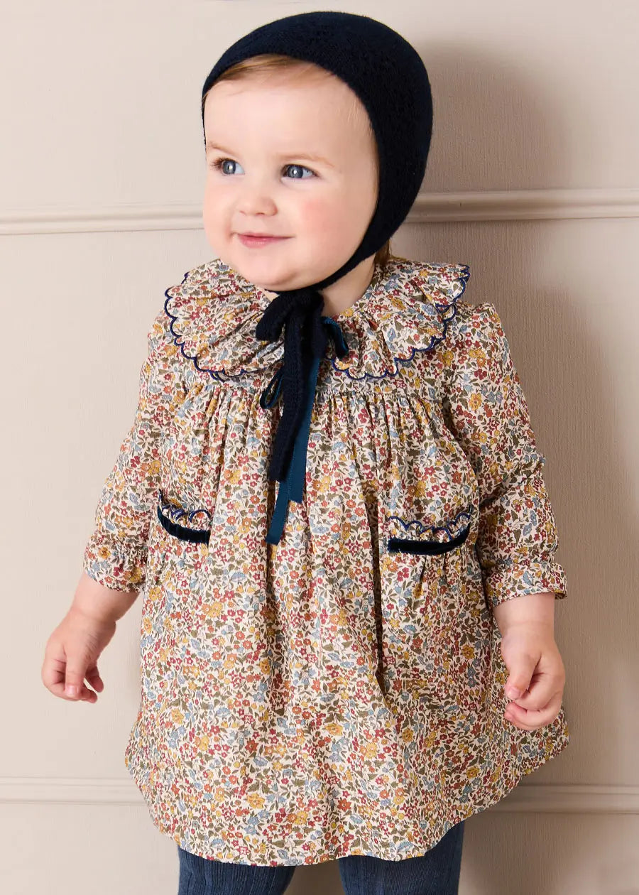 Marianne Floral Long Sleeve Dress with Bloomers in Toffee Made with Liberty Fabric (3mths-3yrs) Dresses from Pepa London US