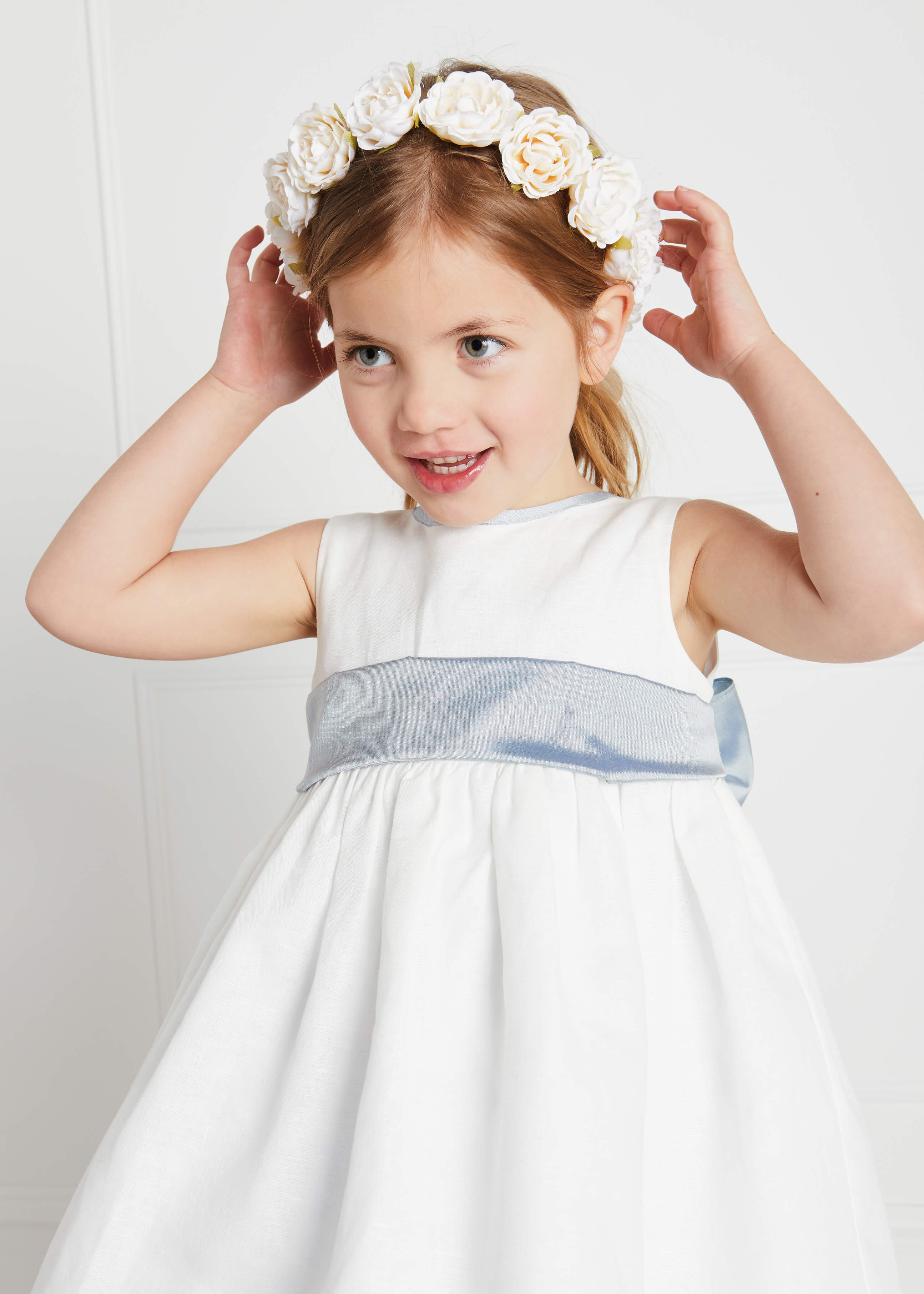 Sleeveless Ivory Flower Girl Dress with Blue Silk Sash (6mths-10yrs) Dresses from Pepa London US
