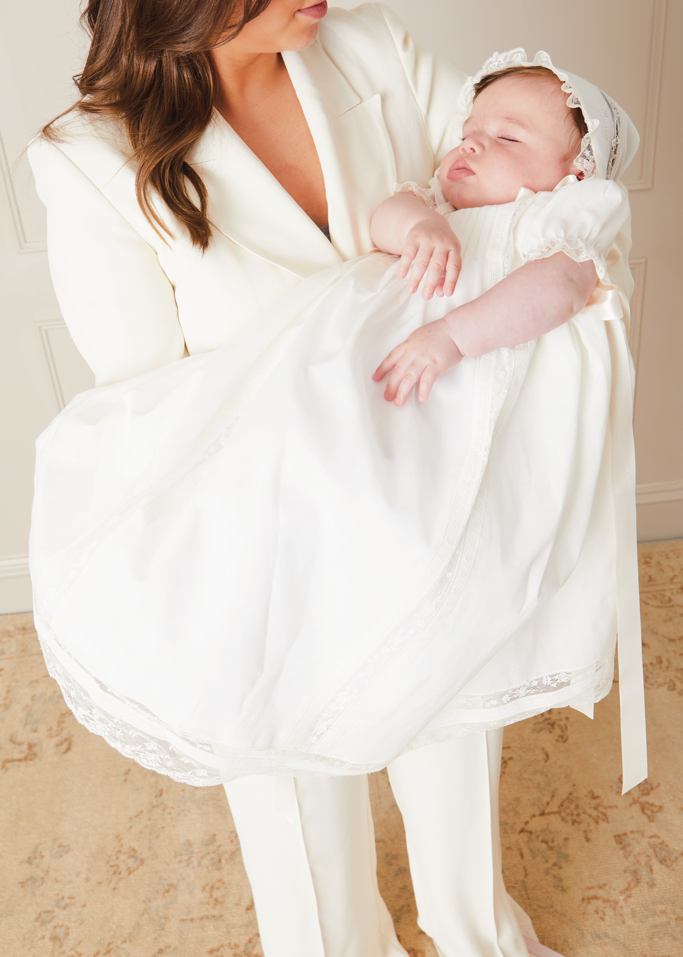 Bespoke Organic Cotton Dress With Shoulder Ribbons and Bonnet Made to order  from Pepa London US