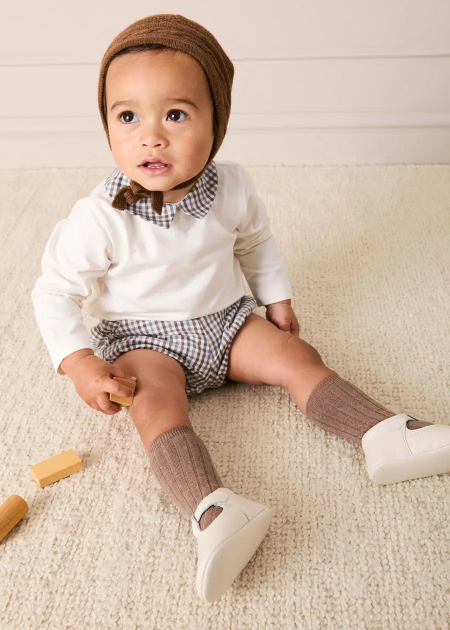 Cadogan Houndstooth Collar Long Sleeve Bodysuit in Brown (1mth-3yrs) Tops & Bodysuits from Pepa London US