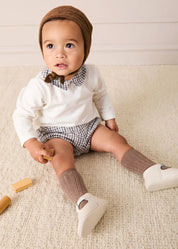 Cadogan Houndstooth Collar Long Sleeve Bodysuit in Brown (1mth-3yrs) Tops & Bodysuits from Pepa London US