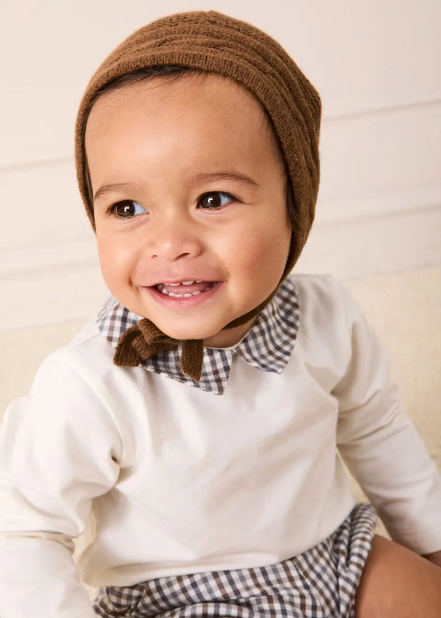 Cadogan Houndstooth Collar Long Sleeve Bodysuit in Brown (1mth-3yrs) Tops & Bodysuits from Pepa London US