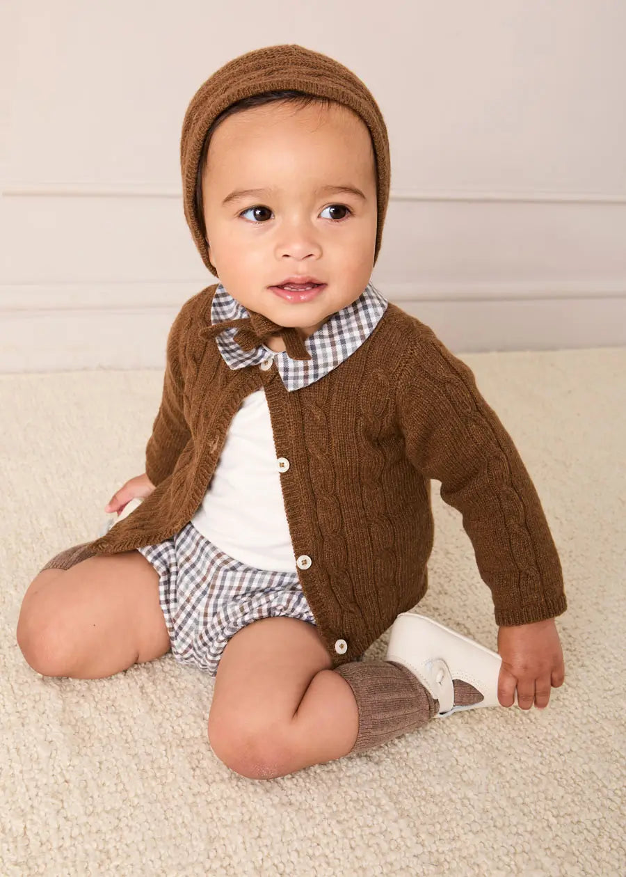 Cadogan Houndstooth Collar Long Sleeve Bodysuit in Brown (1mth-3yrs) Tops & Bodysuits from Pepa London US