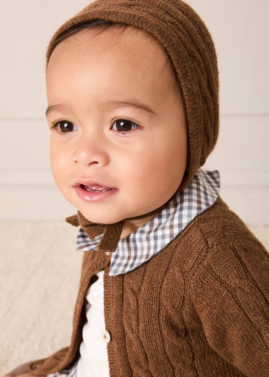 Cadogan Houndstooth Collar Long Sleeve Bodysuit in Brown (1mth-3yrs) Tops & Bodysuits from Pepa London US