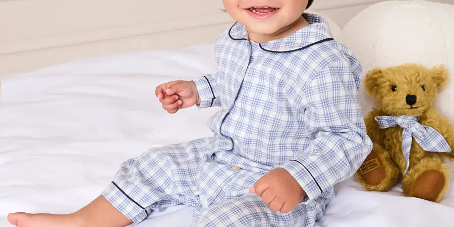 Wilfred Check Long Sleeve All In One Pyjamas in Blue (6mths-3yrs) NIGHTWEAR from Pepa London US