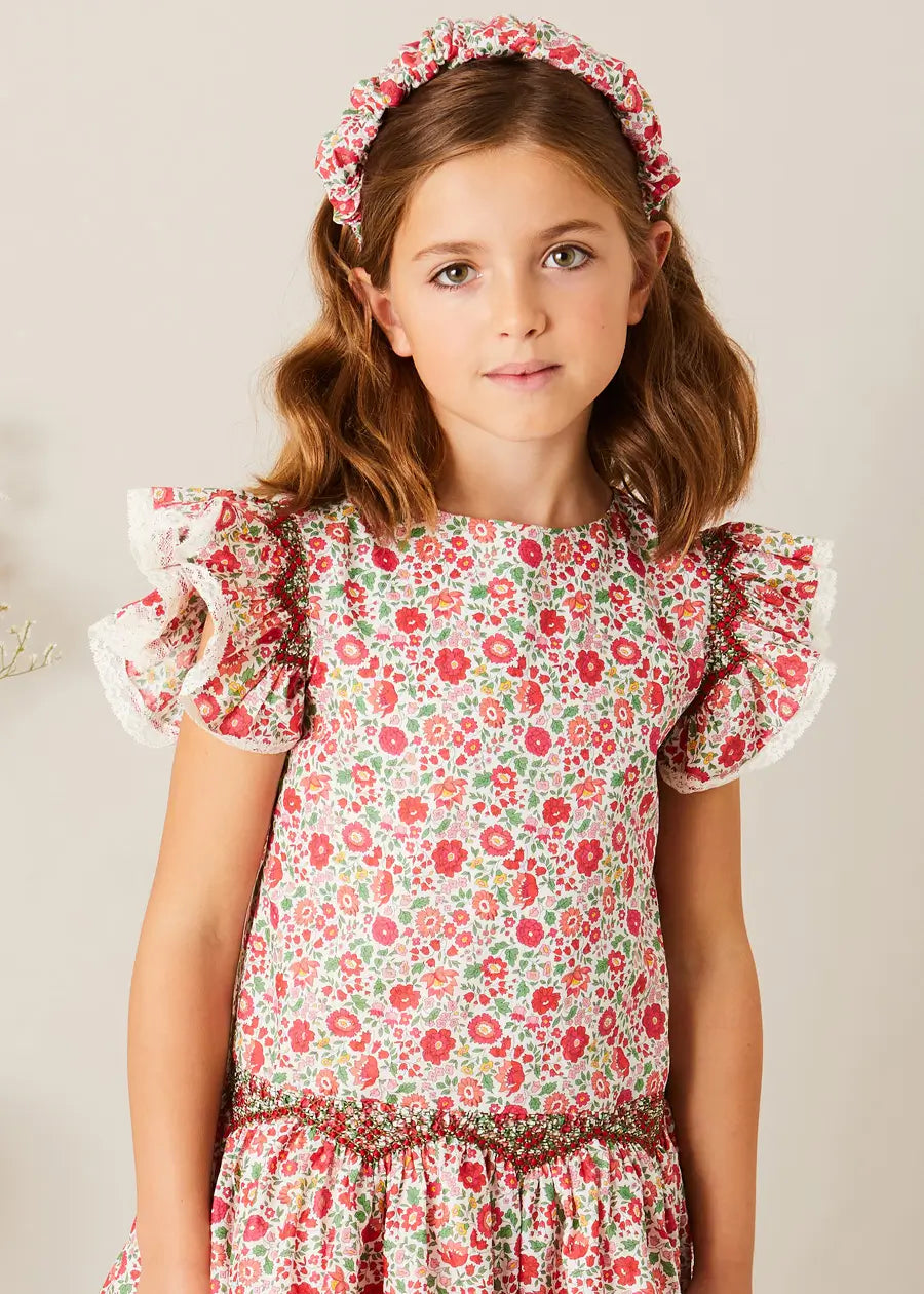 Margot Floral Sleeveless Hand-Smocked Dress in Red Made with Liberty Fabric (4-12yrs) DRESSES from Pepa London US