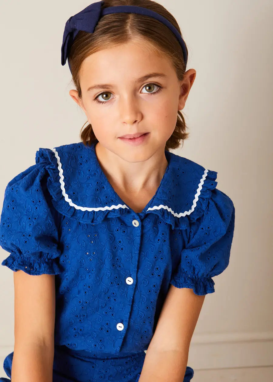 Broderie Anglaise Statement Collar Short Sleeve Blouse in Blue (4-12yrs) BLOUSES from Pepa London US