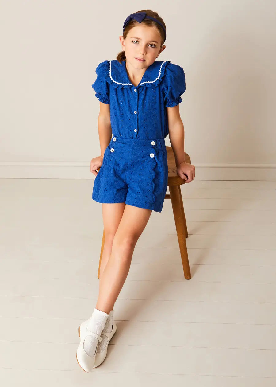 Broderie Anglais Button Detail Shorts in Blue (4-12yrs) SHORTS from Pepa London US