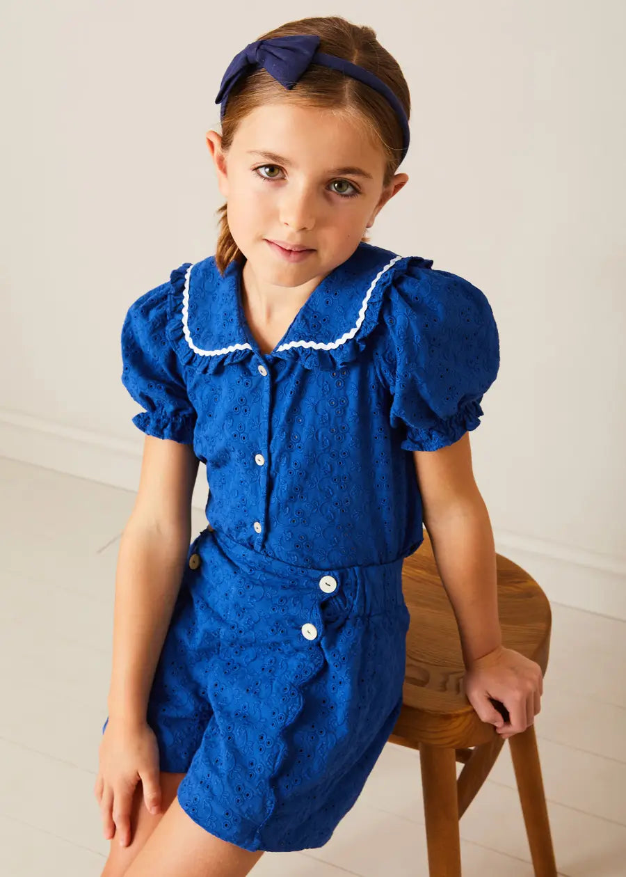 Broderie Anglais Button Detail Shorts in Blue (4-12yrs) SHORTS from Pepa London US