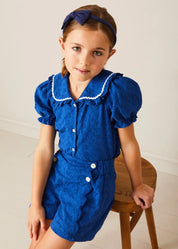 Broderie Anglaise Statement Collar Short Sleeve Blouse in Blue (4-12yrs) BLOUSES from Pepa London US