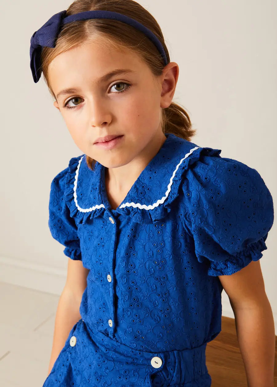 Broderie Anglaise Statement Collar Short Sleeve Blouse in Blue (4-12yrs) BLOUSES from Pepa London US