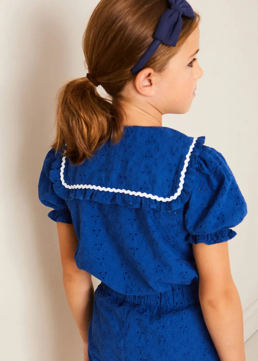 Broderie Anglaise Statement Collar Short Sleeve Blouse in Blue (4-12yrs) BLOUSES from Pepa London US