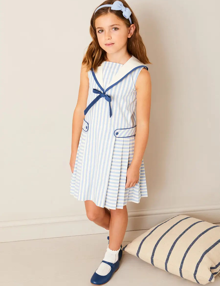 Regency Striped Mariner Collar Pleated Sleeveless Dress in Blue (2-10yrs) DRESSES from Pepa London US