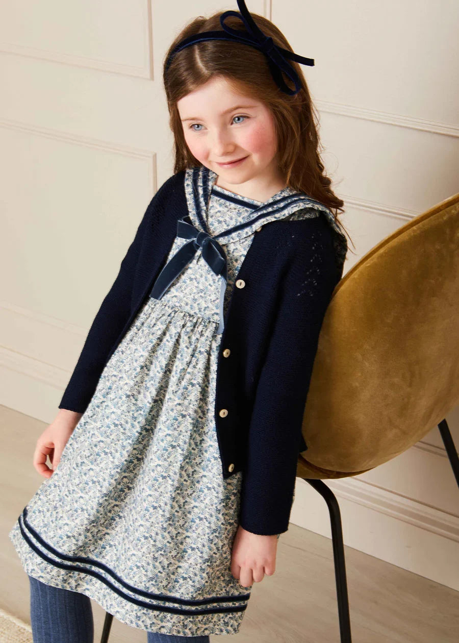 Evelyn Floral Mariner Collar Long Sleeve Dress in Blue (18mths-10yrs) Dresses from Pepa London US