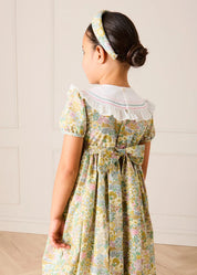 Charlotte Floral Hand Smocked Embroidered Collar Short Sleeve Dress in Green (4-8yrs) Dresses from Pepa London US