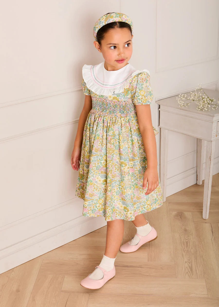 Charlotte Floral Hand Smocked Embroidered Collar Short Sleeve Dress in Green (4-8yrs) Dresses from Pepa London US