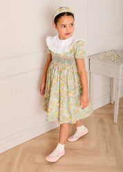 Charlotte Floral Hand Smocked Embroidered Collar Short Sleeve Dress in Green (4-8yrs) Dresses from Pepa London US