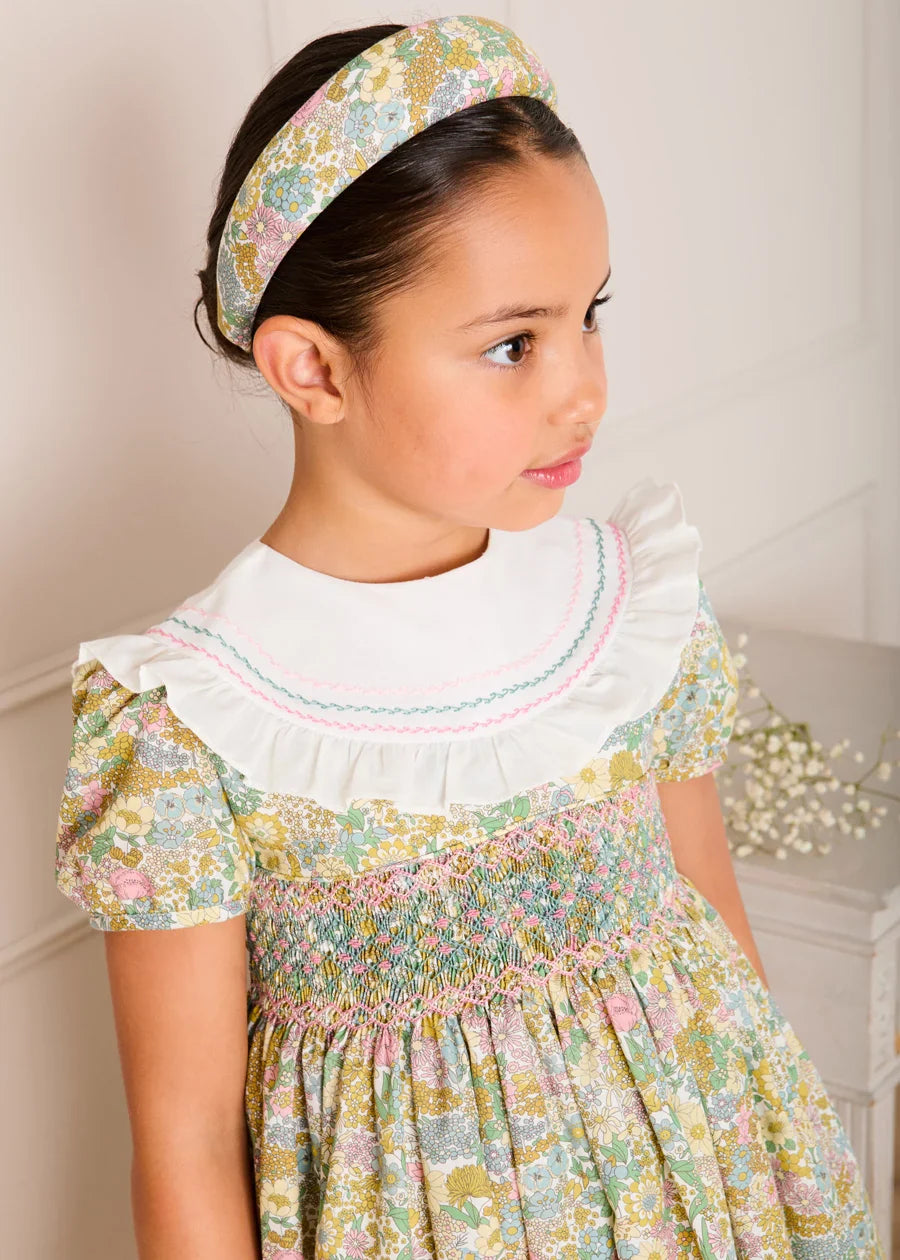 Charlotte Floral Hand Smocked Embroidered Collar Short Sleeve Dress in Green (4-8yrs) Dresses from Pepa London US