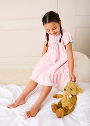 Beauchamp Gingham Ruffle Hem Floral Trim Night Dress in Pink (18mths- 10yrs) NIGHTWEAR from Pepa London US