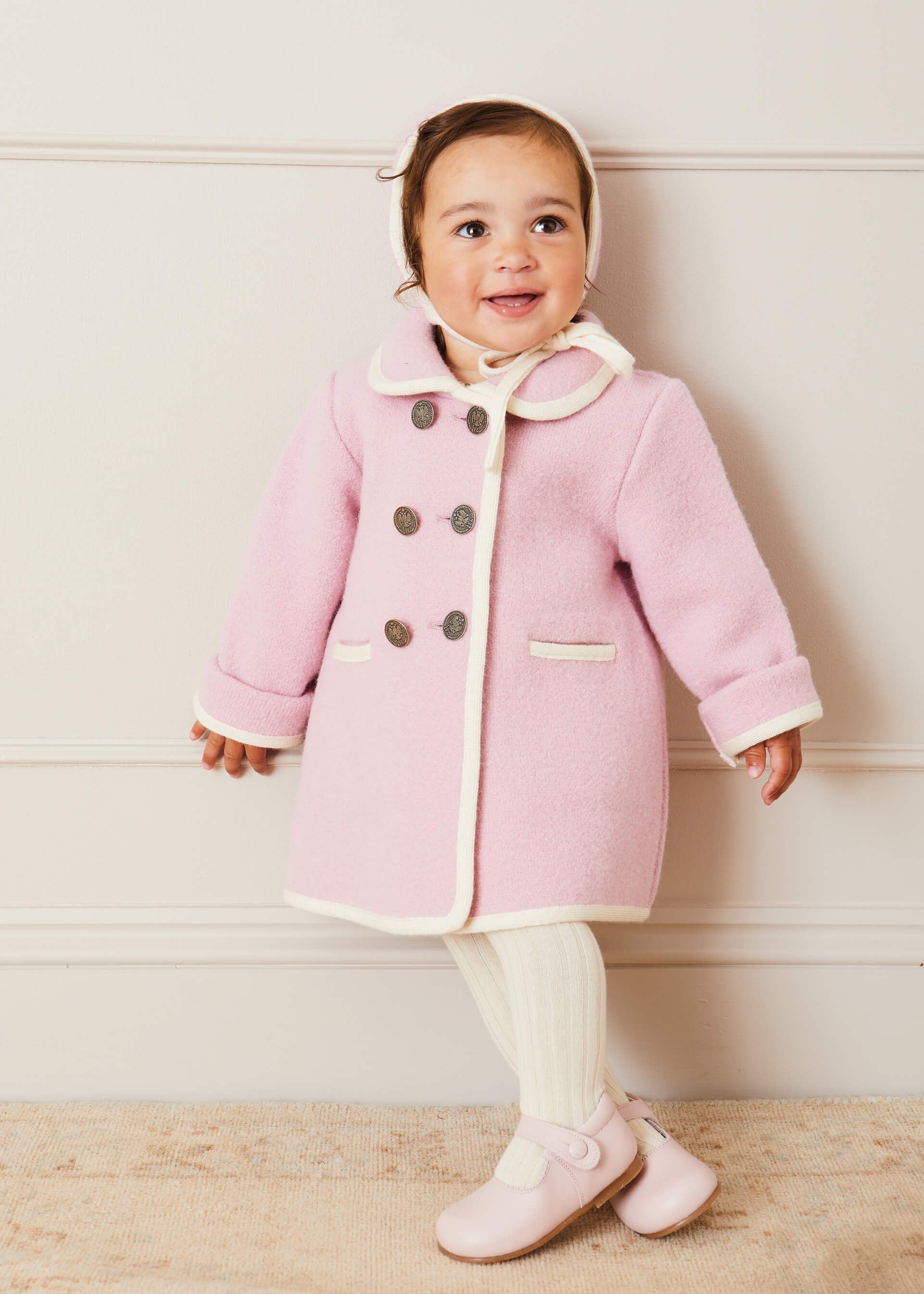Austrian Double Breasted White Trim Baby Coat in Baby Pink (6mths-4yrs) COATS from Pepa London