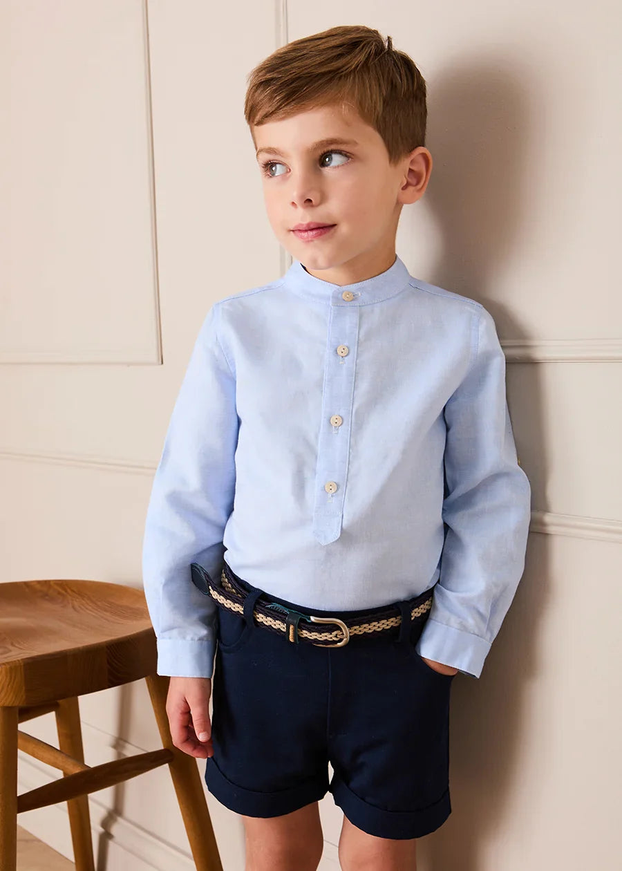 Mao Collar Linen Blend Shirt in Blue (18mths- 10yrs) Shirts from Pepa London US