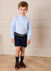 Mao Collar Linen Blend Shirt in Blue (18mths- 10yrs) Shirts from Pepa London US