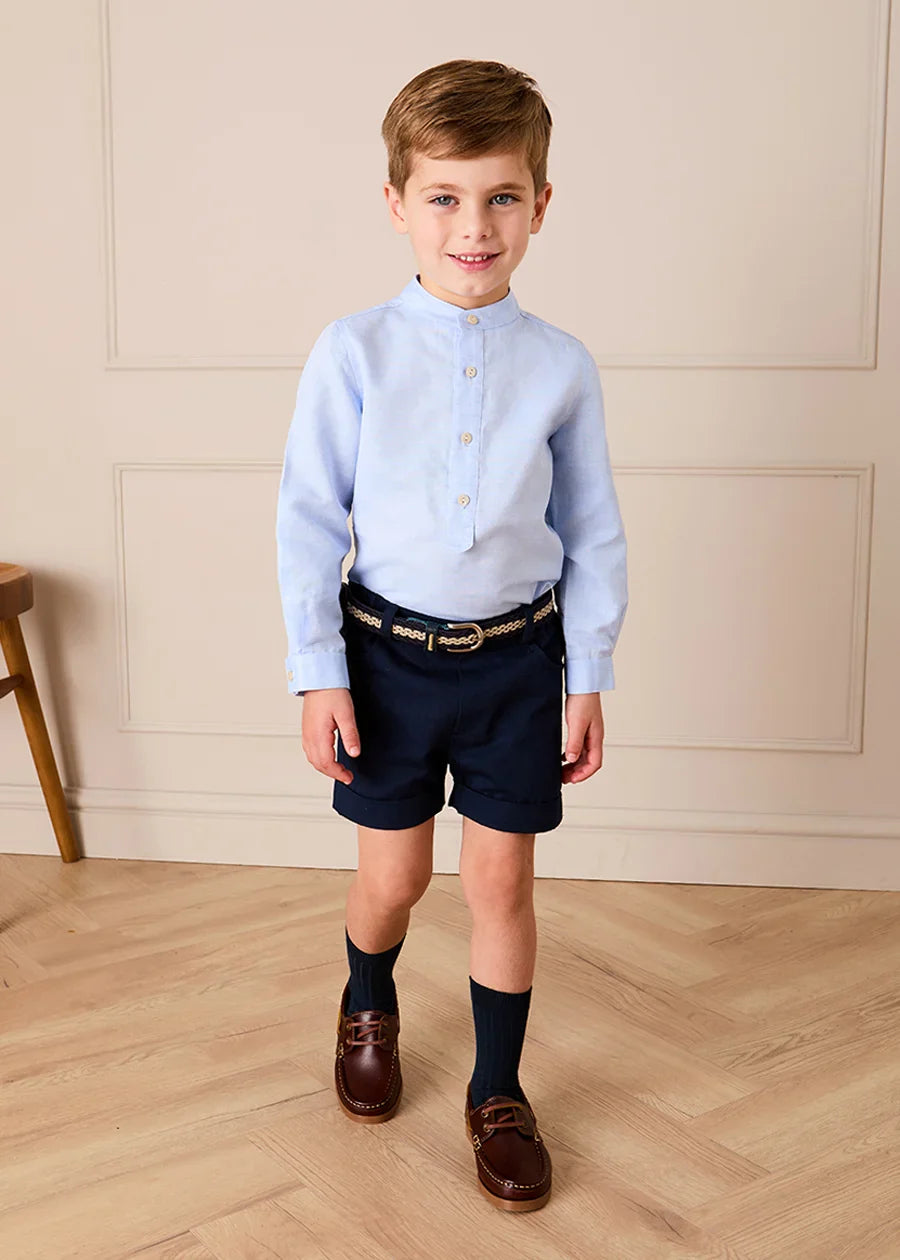Mao Collar Linen Blend Shirt in Blue (18mths- 10yrs) Shirts from Pepa London US