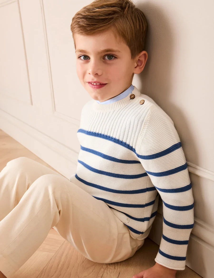 Striped Crewneck Ribbed Detail Blue & White Striped Jumper in Navy (12mths- 10yrs) KNITWEAR from Pepa London US