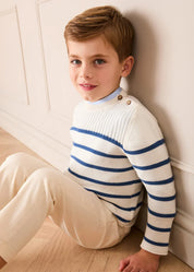 Striped Crewneck Ribbed Detail Blue & White Striped Jumper in Navy (12mths- 10yrs) KNITWEAR from Pepa London US
