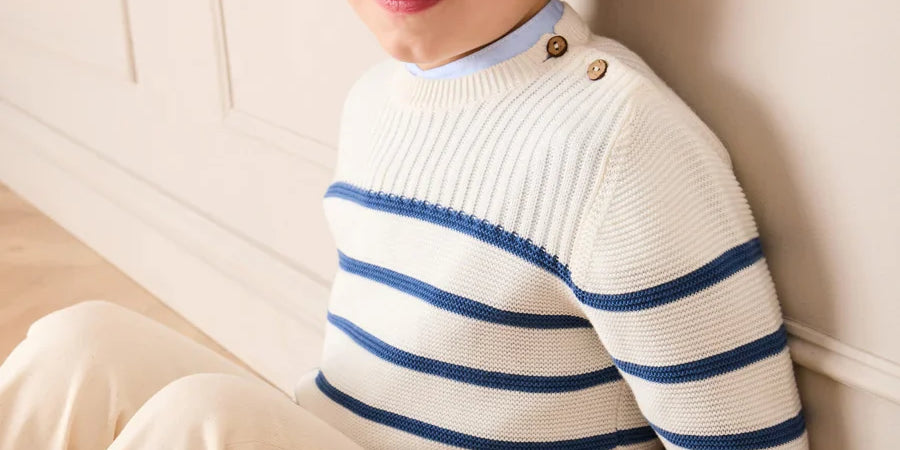 Striped Crewneck Ribbed Detail Blue & White Striped Jumper in Navy (12mths- 10yrs) KNITWEAR from Pepa London US