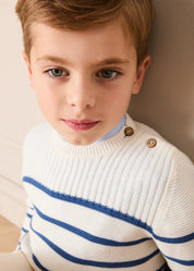 Striped Crewneck Ribbed Detail Blue & White Striped Jumper in Navy (12mths- 10yrs) KNITWEAR from Pepa London US