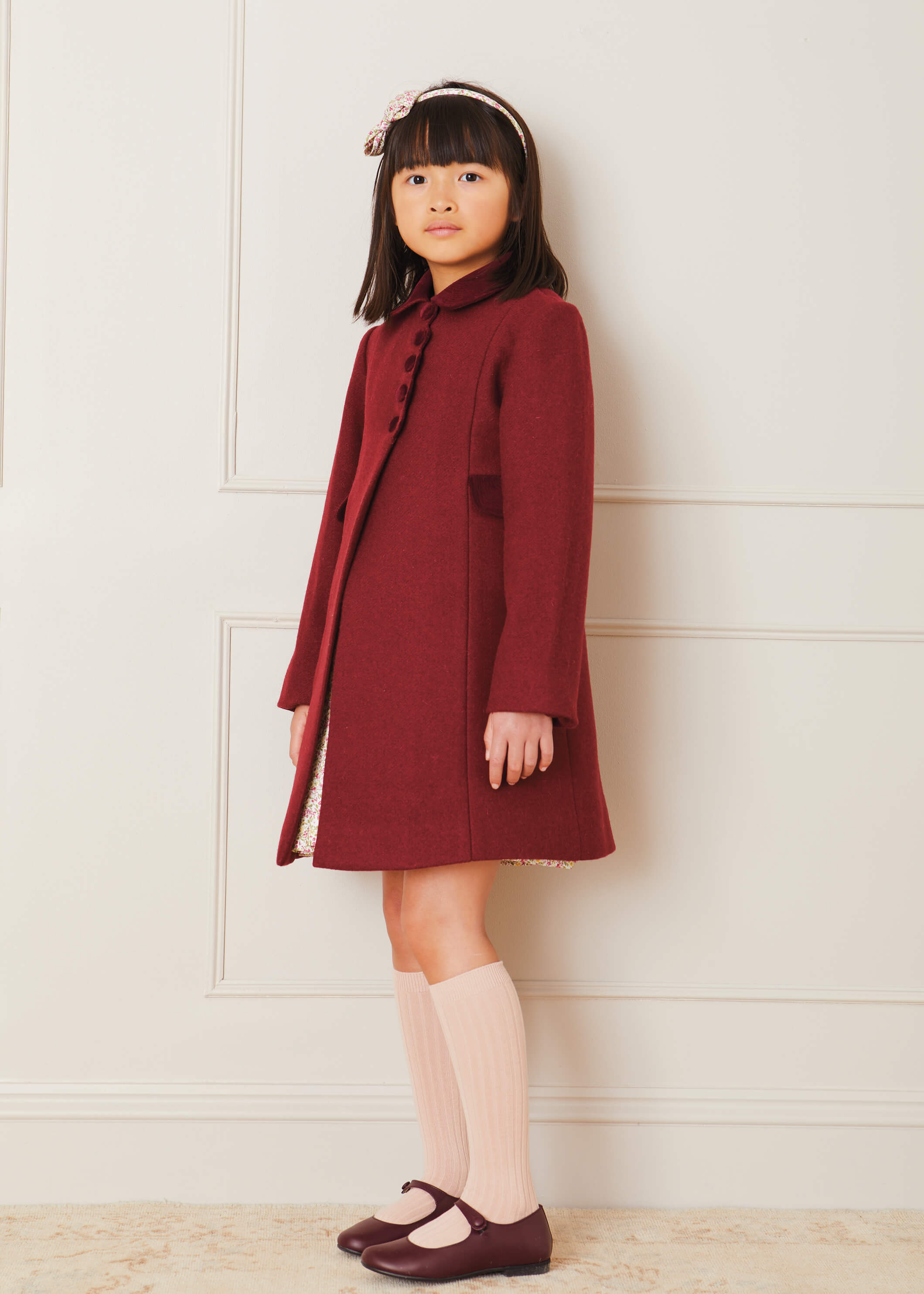 Single Breasted Scallop Detail Coat In Burgundy (12mths-12yrs) COATS from Pepa London