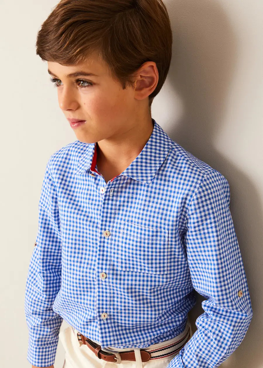 Carlisle Gingham Polo Collar Long Sleeve Shirt in Blue (4-10yrs) SHIRTS from Pepa London US