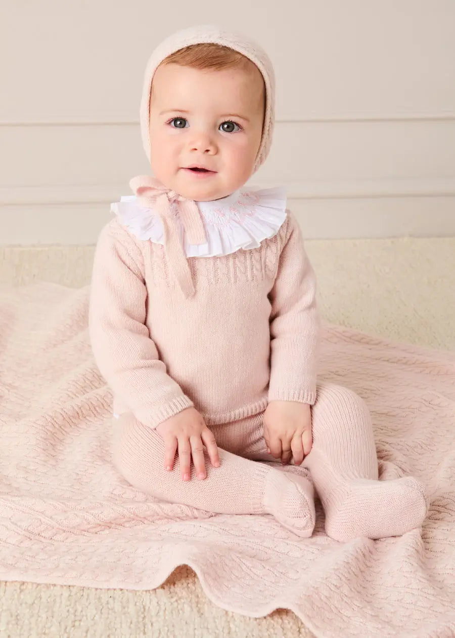 Cashmere Long Sleeve Cable Knitted Set in Pink (1mth-12mths) Knitted Sets from Pepa London US