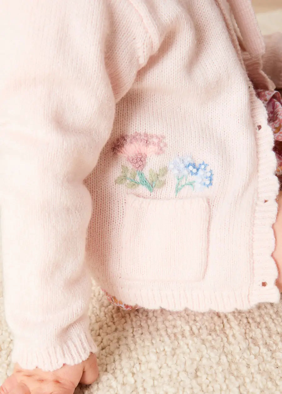 Wildflower Embroidered Pocket Detail Cardigan in Pink (1mth-3yrs) Knitwear from Pepa London US