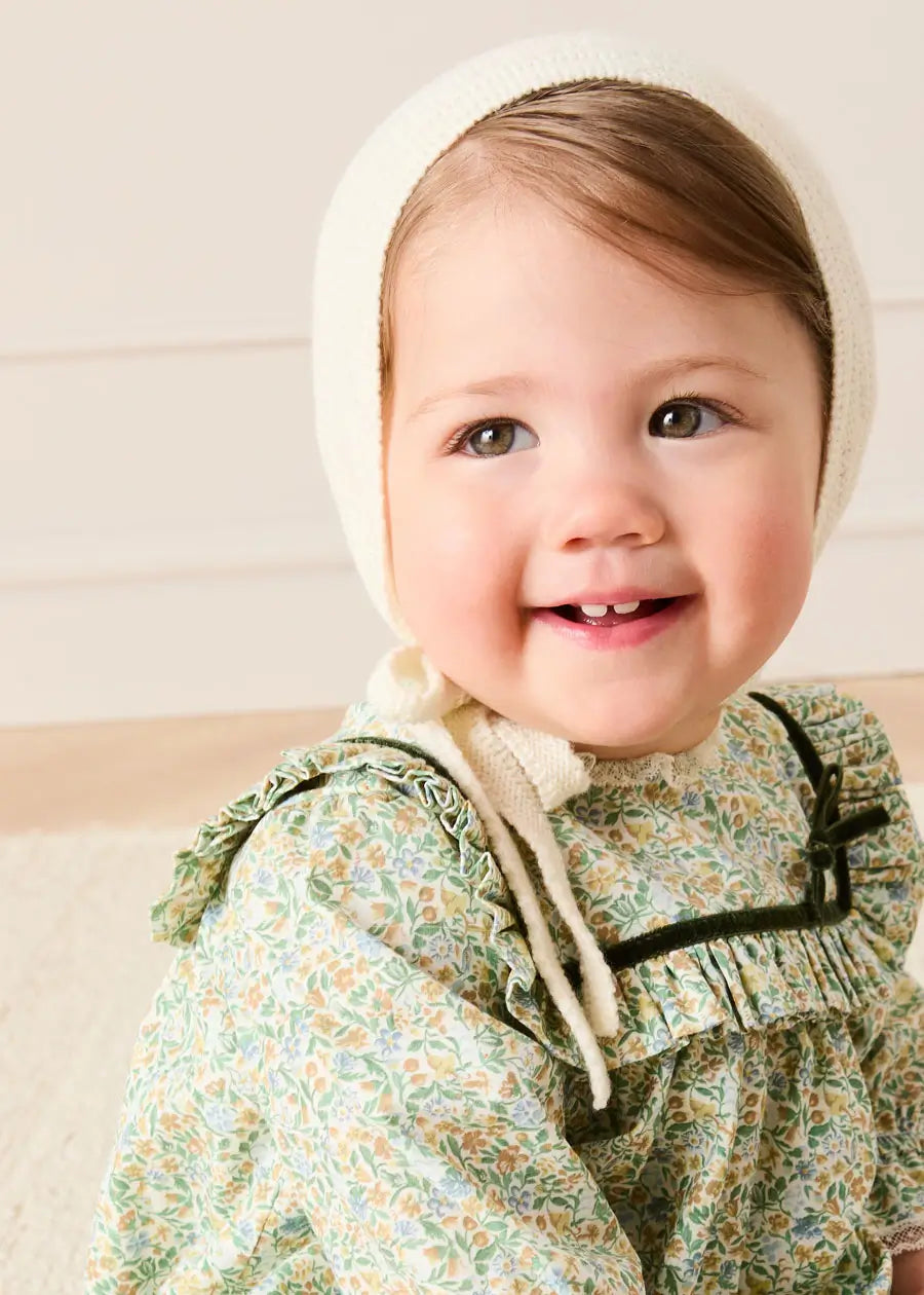 Adelaide Floral Velvet Bow Lace Trim Long Sleeve Romper in Green (6mths-3yrs) Rompers from Pepa London US
