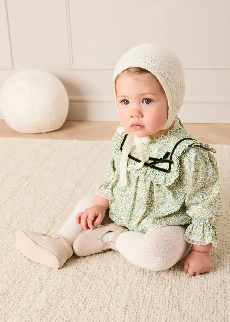 Adelaide Floral Velvet Bow Lace Trim Long Sleeve Romper in Green (6mths-3yrs) Rompers from Pepa London US