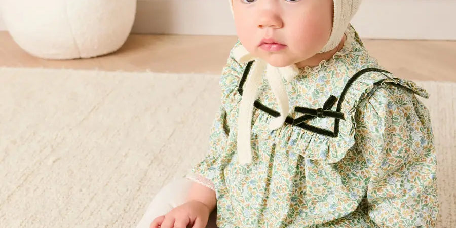 Adelaide Floral Velvet Bow Lace Trim Long Sleeve Romper in Green (6mths-3yrs) Rompers from Pepa London US