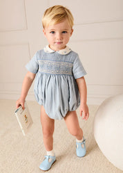 Hand Smocked Peter Pan Collar Short Sleeve Romper in Sky Blue (3mths-2yrs) Rompers from Pepa London US