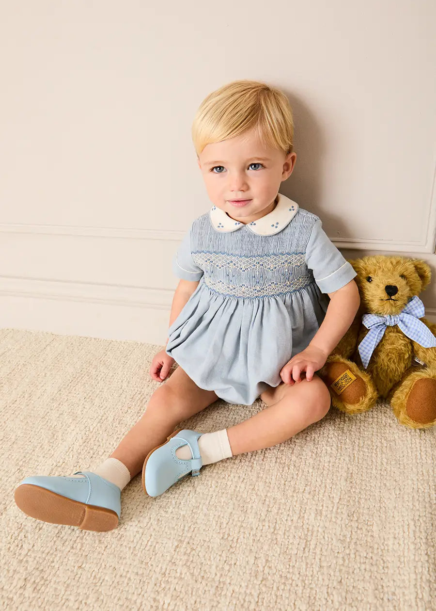 Hand Smocked Peter Pan Collar Short Sleeve Romper in Sky Blue (3mths-2yrs) Rompers from Pepa London US