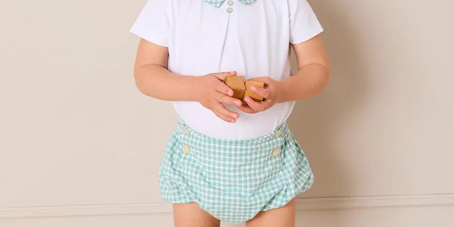 Lucas Check Button Detail Bodysuit in Green (1mth-2yrs) Tops & Bodysuits from Pepa London US