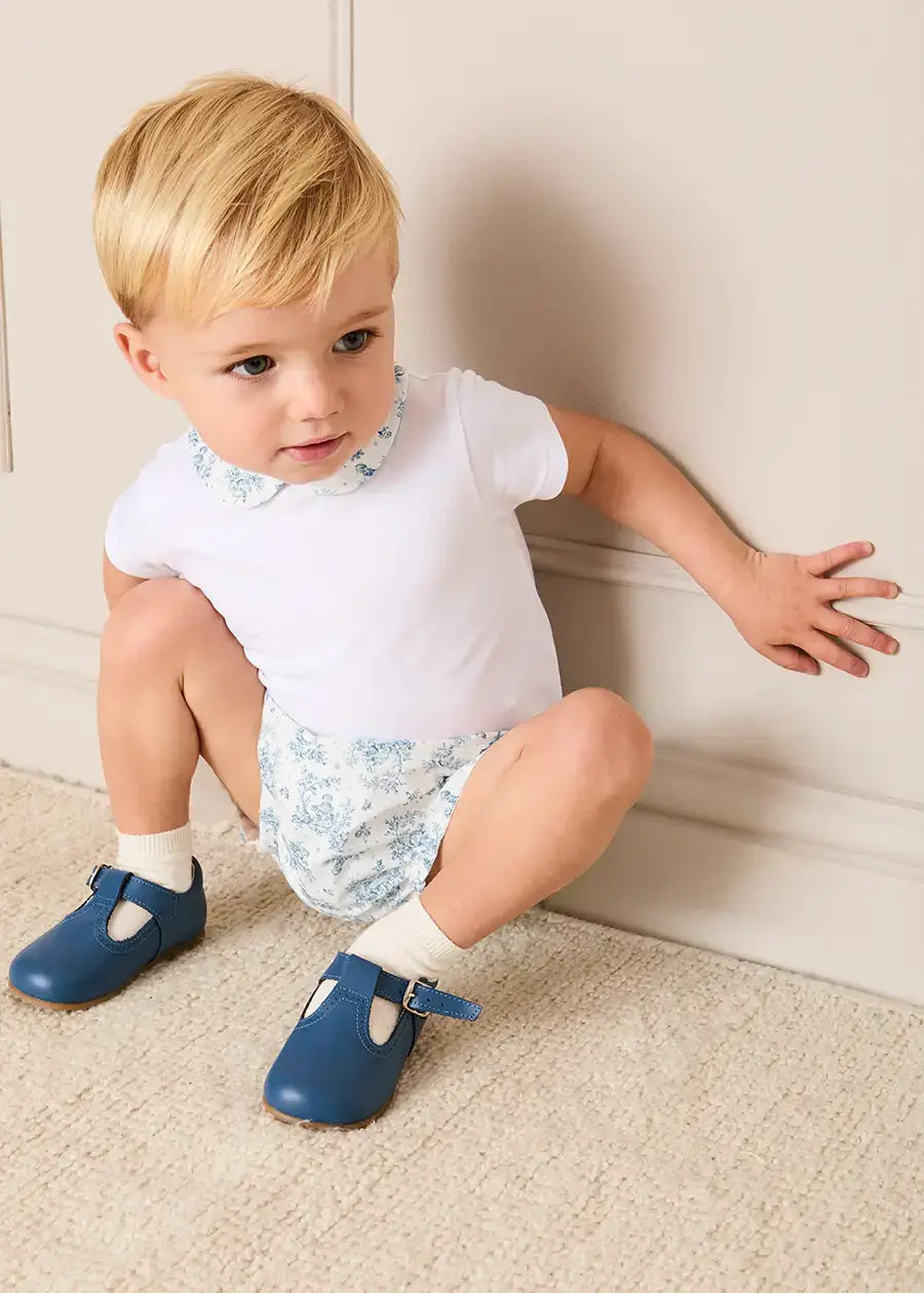 Audrey Toile Peter Pan Collar Bodysuit in Blue (1mth-2yrs) Tops & Bodysuits from Pepa London US
